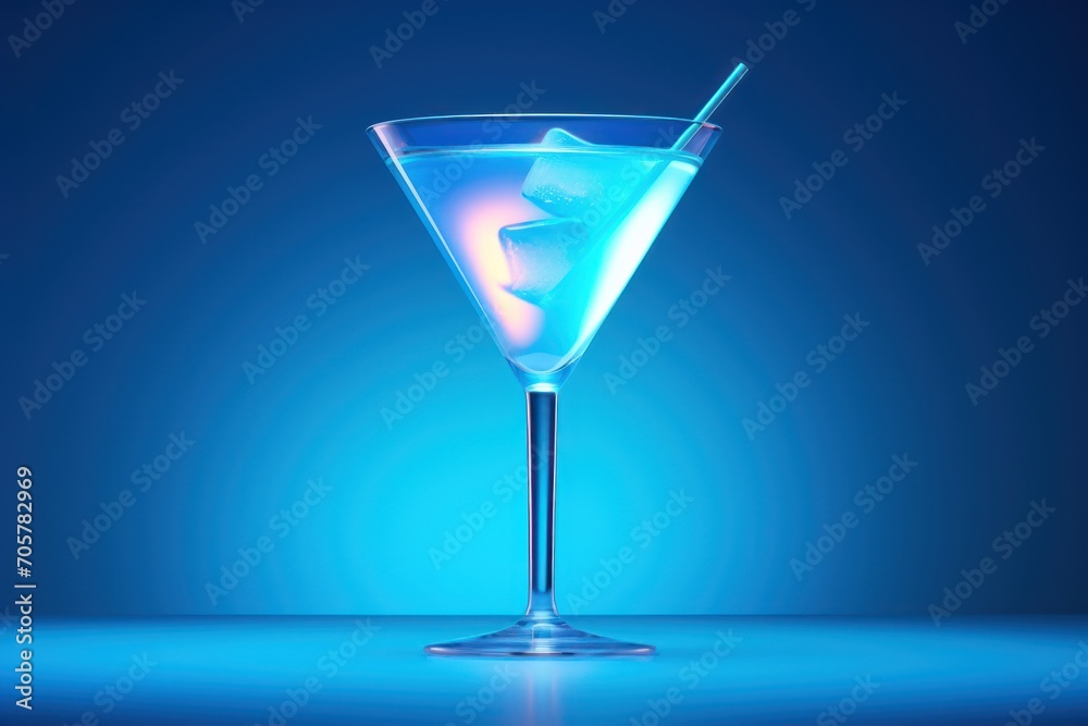  a glass of blue liquid with a straw in it on a blue background with a reflection of the liquid in the glass and a blue background with a blue light.