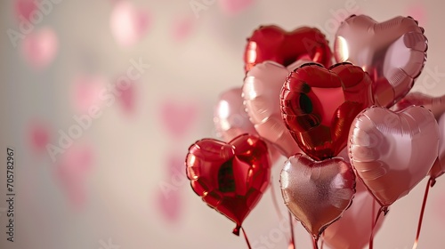 Red heart shaped balloons on stylish background. Valentine's Day concept