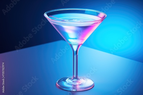  a close up of a drink in a glass on a table with a blue and pink light coming from the top of the glass and a blue light reflecting off of the top of the glass.