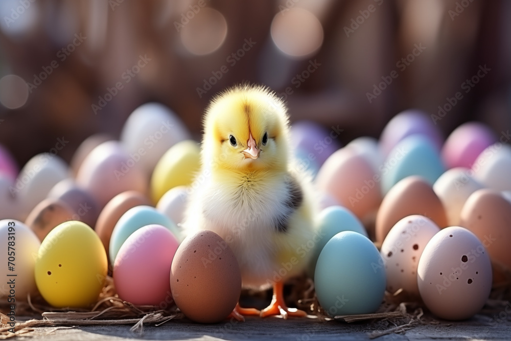 Cute baby chicken and easter eggs
