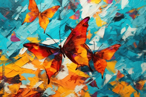  a painting of a red butterfly on a blue background with yellow and red flowers in the foreground and a blue sky in the background with white clouds and blue.