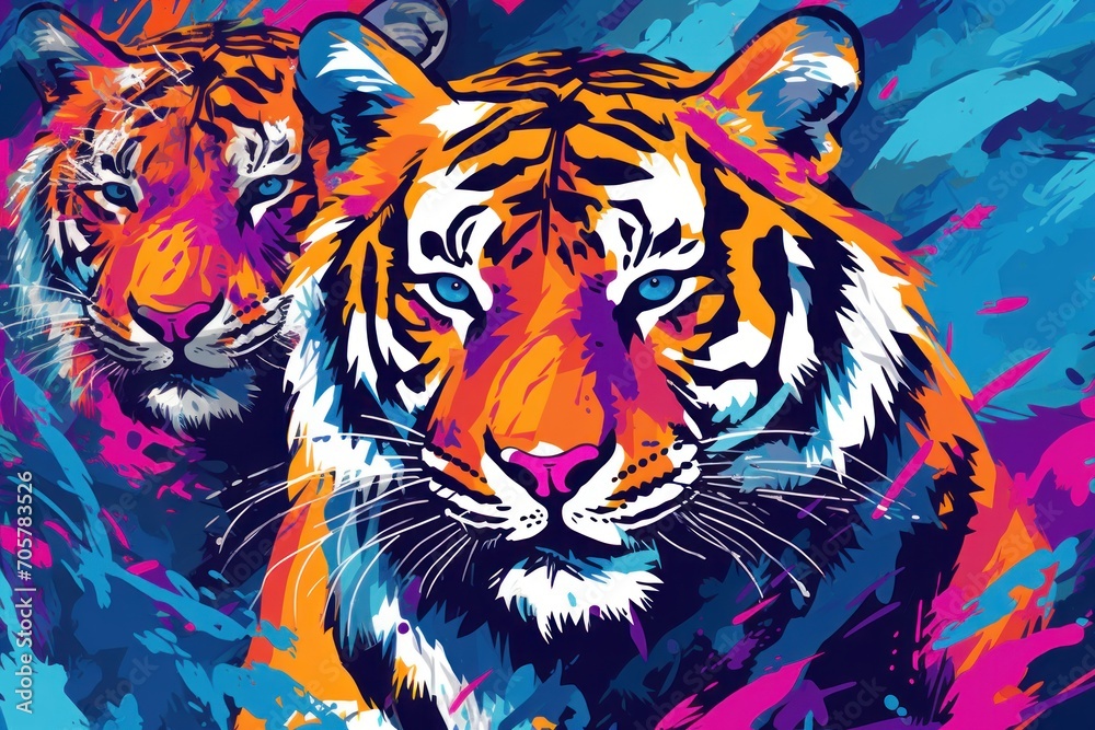  a painting of a tiger and a tiger on a blue, purple, and pink background with a black outline on the right side of the image is a tiger and the left side of the image.