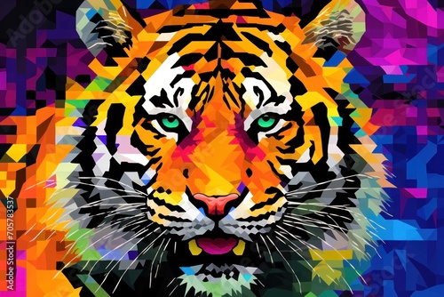  a close up of a tiger s face on a multicolored background with a black cat s head in the center of the foreground and the image in the middle of the foreground.