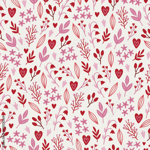 Valentine's Day seamless pattern with flowers, leaves, berries and hearts