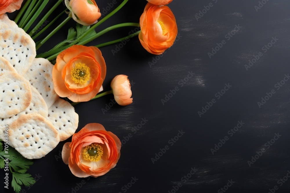  a bunch of orange flowers and crackers on a black surface with a flower arrangement on top of the crackers and a bunch of orange flowers on the side.