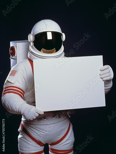 An astronaut in a 1970s spacesuit holding a white poster with space for text on a black background. © BananaBee