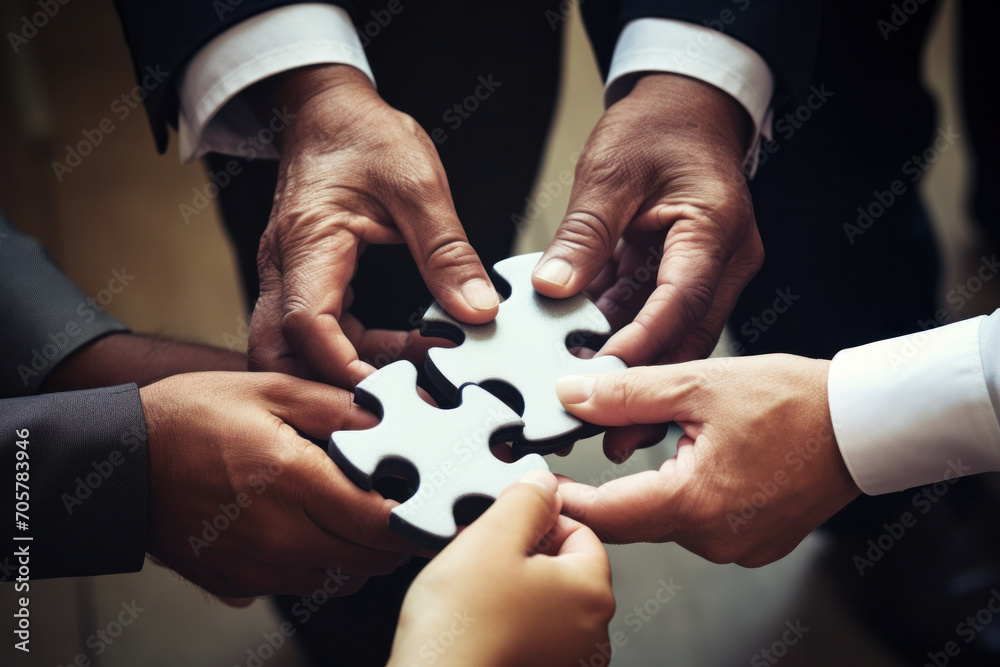 Close-up of diverse hands coming together to connect puzzle pieces, symbolizing teamwork, unity, and collaboration Close-up of diverse hands coming together to connect puzzle pieces, symbolizing teamwork, unity, and collaboration