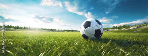 Soccer ball on a lush green field under a clear blue sky  capturing the essence of sports  play  and outdoor activities