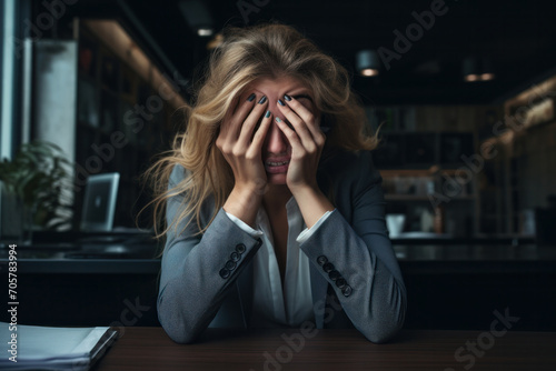 Stressed businesswoman at her desk with hands covering face, showing signs of burnout and frustration in a corporate setting