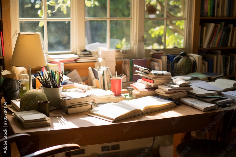 View of the study table in the room against the window in the morning.