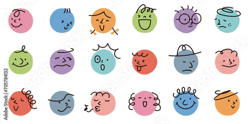 丸の上に描かれた、いろいろな色と表情の抽象的な顔のベクターイラスト