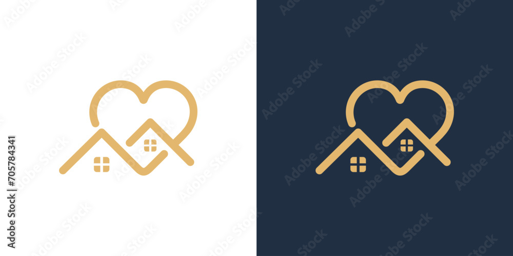 House with heart shape logo design, house icon vector design template with love feel in modern and simple look. - obrazy, fototapety, plakaty 