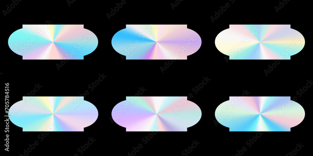 Set of realistic holograms. Rainbow color gradient. Multicolored texture.3d vector illustration isolated on black background.