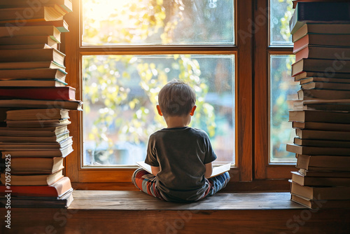 A boy sits and reads on a wooden table by the window with piles of old books stacked on top of each other. People who are introverted and obsessed. back view. photo