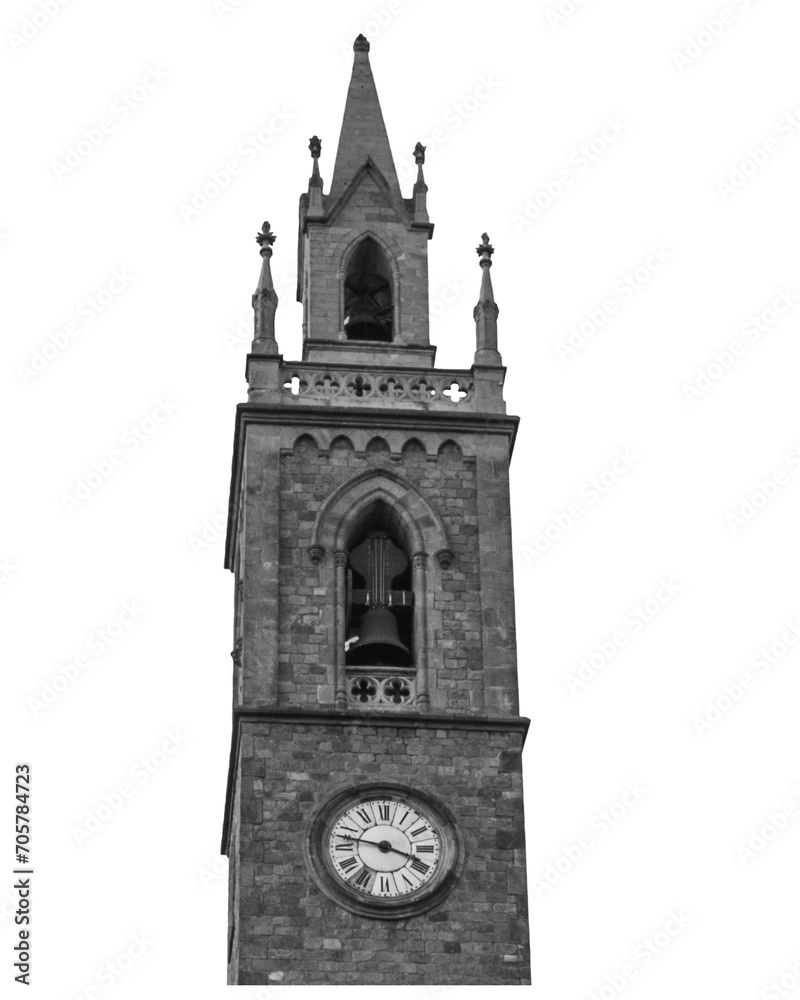 Clock tower on white background. The Clock Tower, catholic church located in Catalonia png photo.