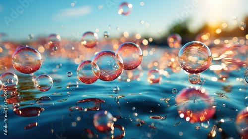  a group of bubbles floating on top of a body of water next to a lush green forest filled with lots of leafy green trees next to a body of water.