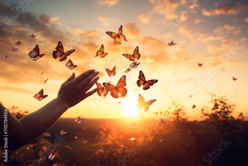  a person's hand reaching out towards a group of butterflies flying in the air in front of a sunset with the sun shining through the clouds in the background.