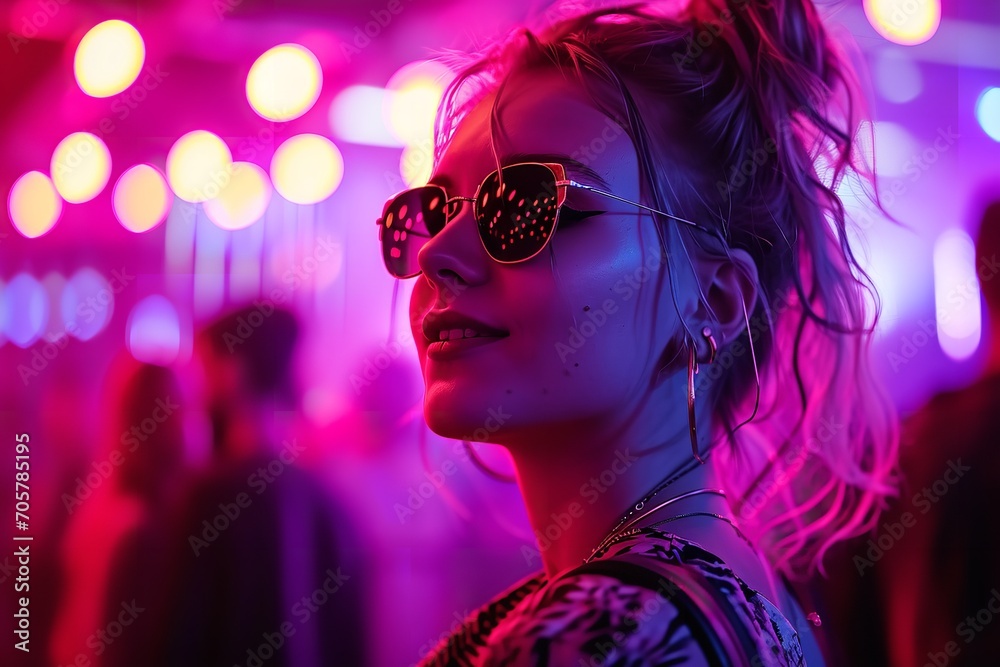 An optimistic girl wearing sunglasses is seen in a nightclub with purple and pink spotlights, Generative AI.