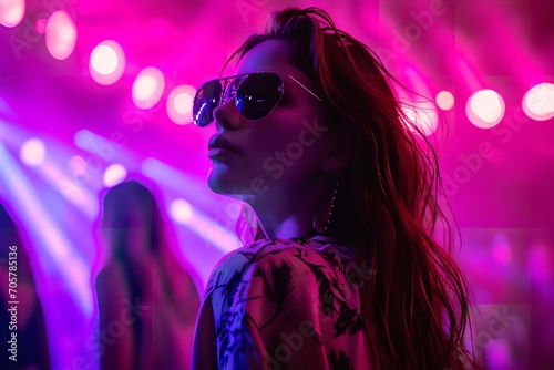 An optimistic girl wearing sunglasses is seen in a nightclub with purple and pink spotlights, Generative AI. © MinixT