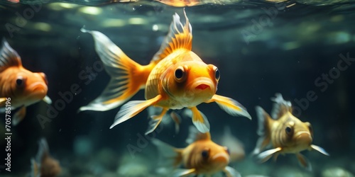 Goldfish swims underwater and looks at the camera, underwater view