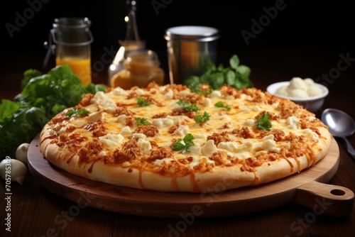  a pizza sitting on top of a wooden cutting board on top of a wooden table next to a bowl of sauce and a spoon and a glass of orange juice.