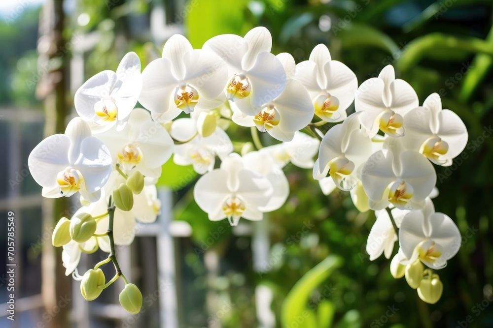a close up of a bunch of white flowers with green leaves in the background and a window in the back ground with a green leafy area in the foreground. a close up of a bunch of white flowers with green leaves in the background and a window in the back ground with a green leafy area in the foreground.