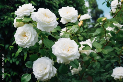  a bush of white roses with green leaves in the foreground and a blue sky in the background  in the foreground is a bush of white roses with green leaves in the foreground.
