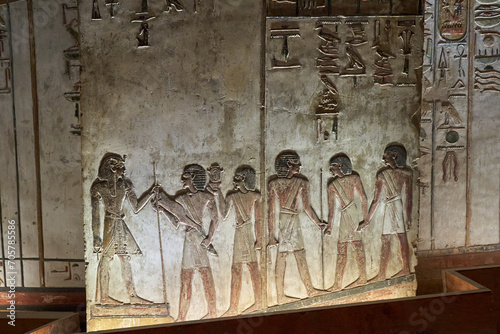 King Seti tomb at the Valley of Kings .Luxor . Egypt. Hieroglyphics in King Seti tomb.wall reliefs showing the Book of Gates in the Tomb of Seti I at Valley of Kings .Luxor . Egypt .