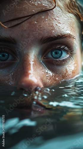 Woman in water with sweating eyes and hairs  Generative AI.