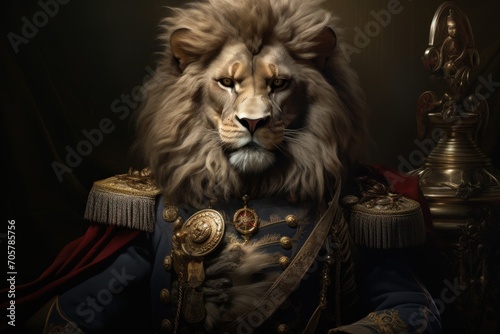  a close up of a lion wearing a suit with a crown on it s head and a crown on top of it s head  in front of a dark background.