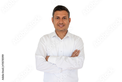  Indian man isolated. Portrait of handsome smiling man with folded arms isolated transparent PNG, Joyful cheerful casual businessman with crossed hands studio shot  © София Ломанская