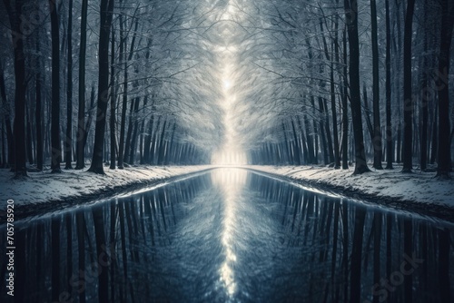  a large body of water surrounded by trees in the middle of a forest with a reflection of the trees in the water in the middle of the water and the middle of the picture.