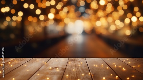 Cozy Wooden Table with Bokeh Lights, Perfect for Vintage Home Decor and Festive Celebrations