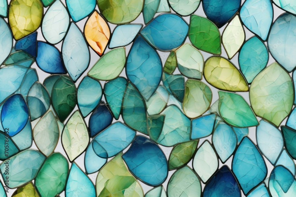  a close up of a stained glass window with green and blue leaves on the outside of the glass and the inside of the window is blue and green leaves on the inside of the outside of the glass. - obrazy, fototapety, plakaty 