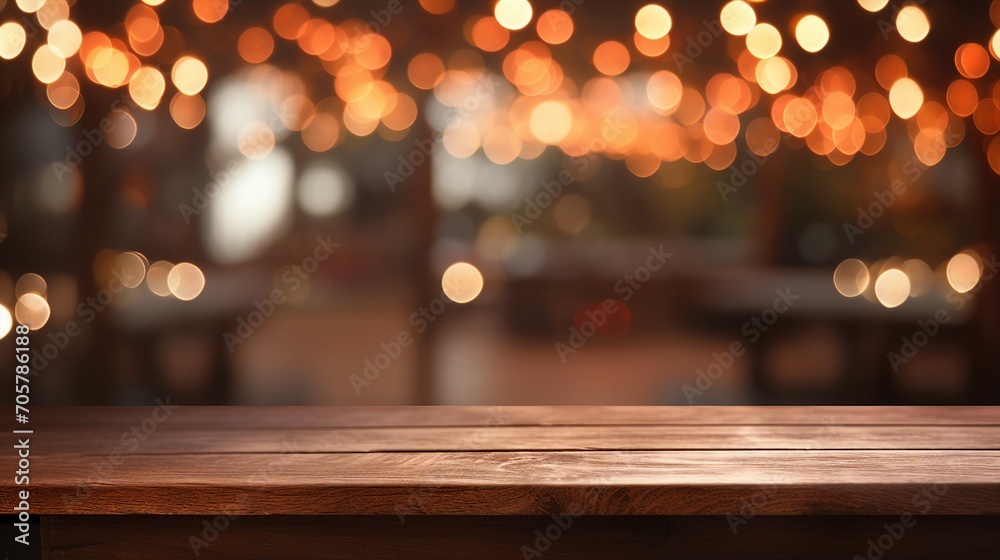 Cozy Wooden Table with Bokeh Lights, Perfect for Vintage Home Decor and Festive Celebrations