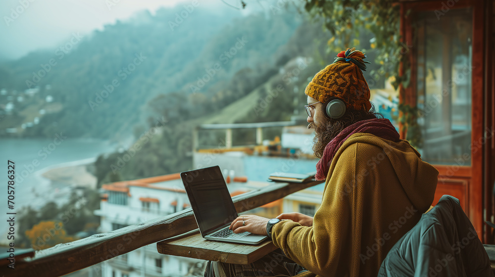 Fototapeta premium Digital Nomad Lifestyle: Remote Work in Exotic Locations with Modern Tech and Adventure - Flexible Work Environment, Travel & Productivity - Male Remote Worker