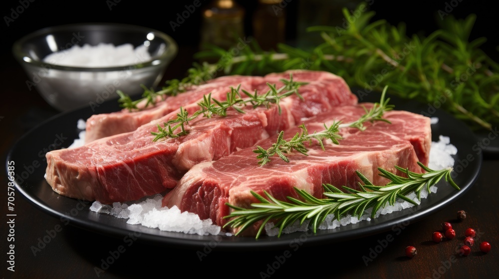  a black plate topped with raw meat next to a bowl of sea salt and a sprig of green leafy sprig of rosemary on top of sea salt.