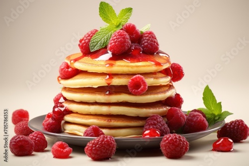  a stack of pancakes with raspberries and syrup on a plate with mint leaves and raspberries on the side of the plate, on a white background.