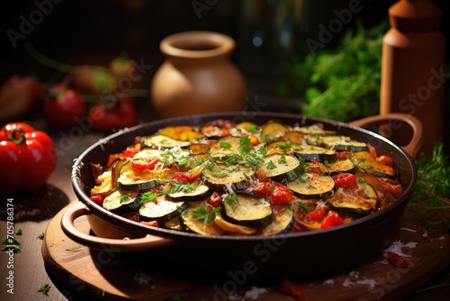  a pan filled with vegetables sitting on top of a wooden cutting board next to a pot of tomatoes and a vase with a green sprig of tomatoes in the background.