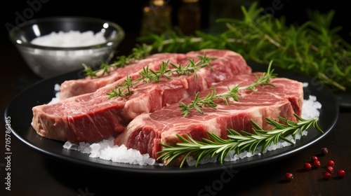  a black plate topped with raw meat next to a bowl of sea salt and a sprig of green leafy sprig of rosemary on top of sea salt.