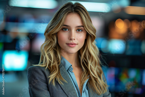 a photo of a tv news female presenter on a popular channel. live stream broadcast on television. beautiful white american british woman in a suit. weather forecast in a studio. 