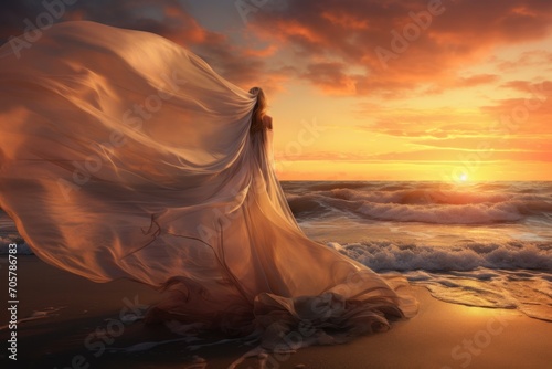  a woman in a white dress is standing on the beach at sunset with a flowing white fabric over her head and her hair blowing in the wind as the sun sets behind her.