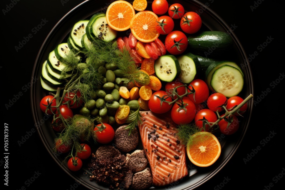  a plate filled with lots of different types of fruits and vegetables on top of a black surface with a black border around the plate is a variety of fruits and vegetables.