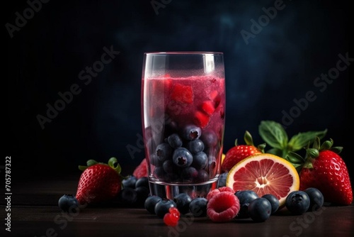 Glass of berry smoothie with fresh fruits on dark background. Generative AI