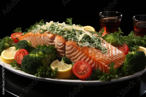  a plate of salmon, broccoli, tomatoes, lemons, tomatoes, and broccoli on a plate with a glass of wine in the background.