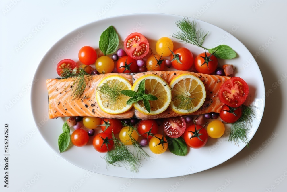  a white plate topped with a piece of salmon surrounded by tomatoes, lemons, cherry tomatoes, and a bunch of green sprigs of fresh dill.