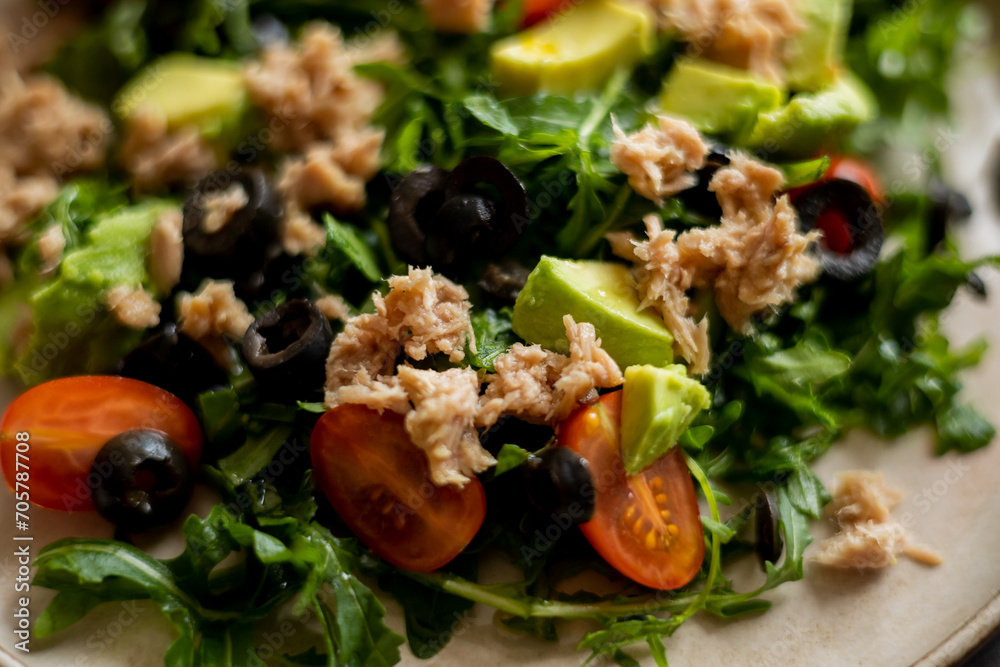 Mediterranean Salad with Tuna Fish, Avocado, and Arugula - Healthy Eating for Weight Loss