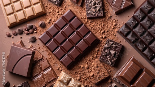 Composition of bars and pieces of different milk and dark chocolate, grated cocoa on a brown background top view 
