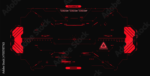 Red HUD UI FUI design in futuristic style. Futuristic Red and Black HUD Interface Design Elements for High-Tech Display. Modern mockup sci fi cockpit heads up display design. Vector illustration photo