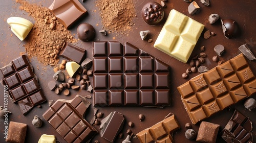 Composition of bars and pieces of different milk and dark chocolate, grated cocoa on a brown background top view 